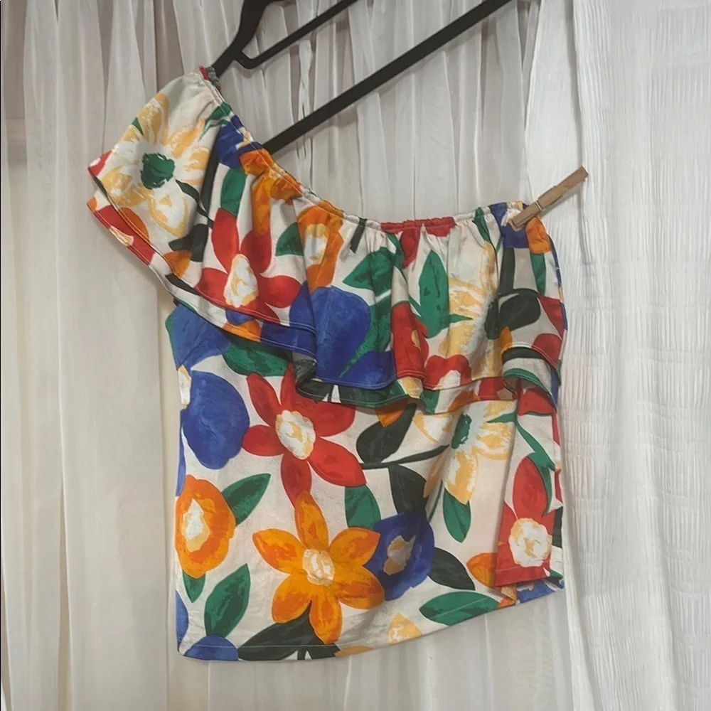 Colorful and Summer TCEC Blue and Orange Asymmetrical Ruffled Blouse - Picture 2 of 9